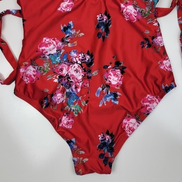 Modcloth Reese Red Floral Halter Ruffle One Piece Swimsuit S - Picture 5 of 9